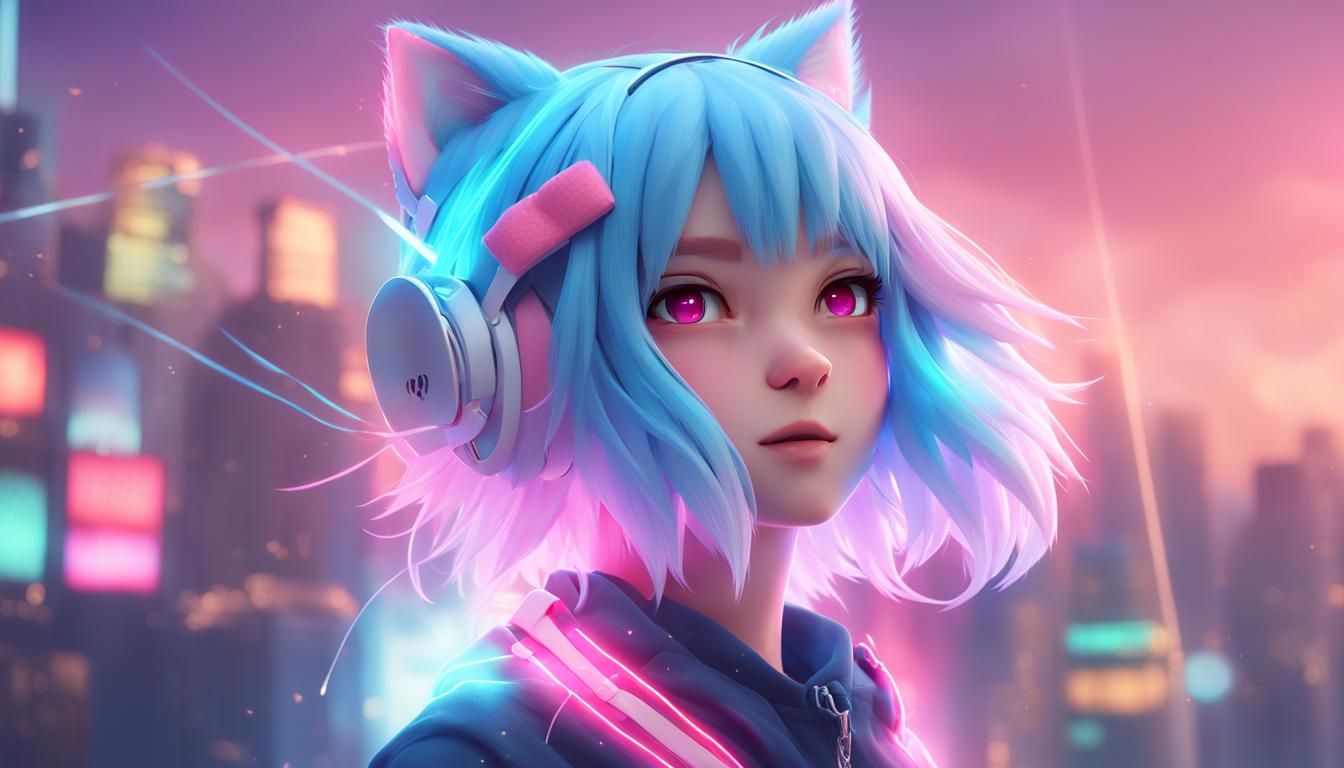 Anime Cat Girl in Cityscape: 3D Digital Art