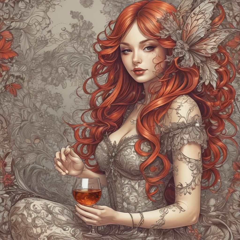 Red-Haired Fairy Drinking Whiskey with Abstract Elements