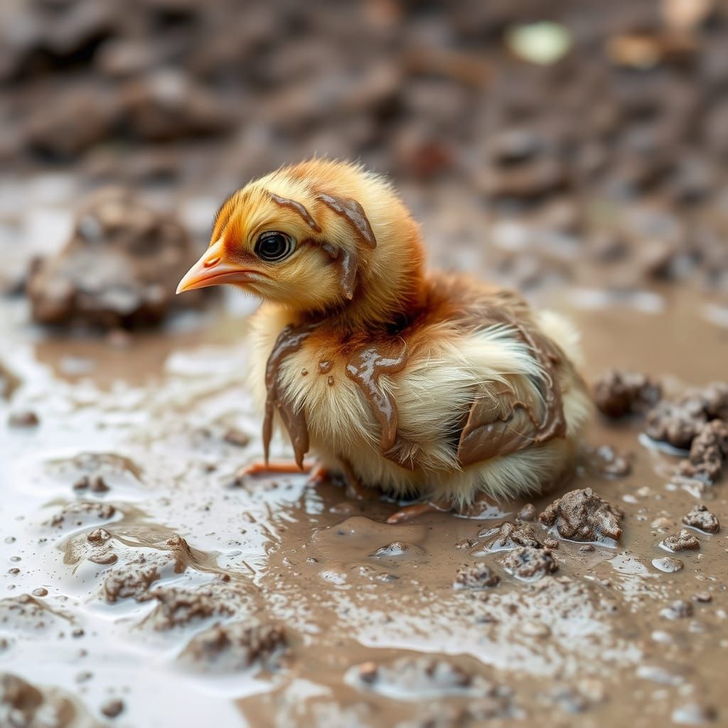 Mud-Covered Baby Chick in Rainy Puddle