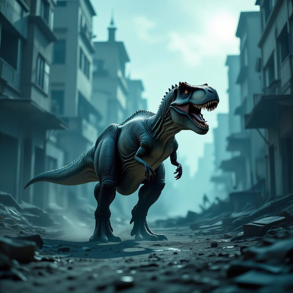 T-Rex in Abandoned City: Cinematic Film Style