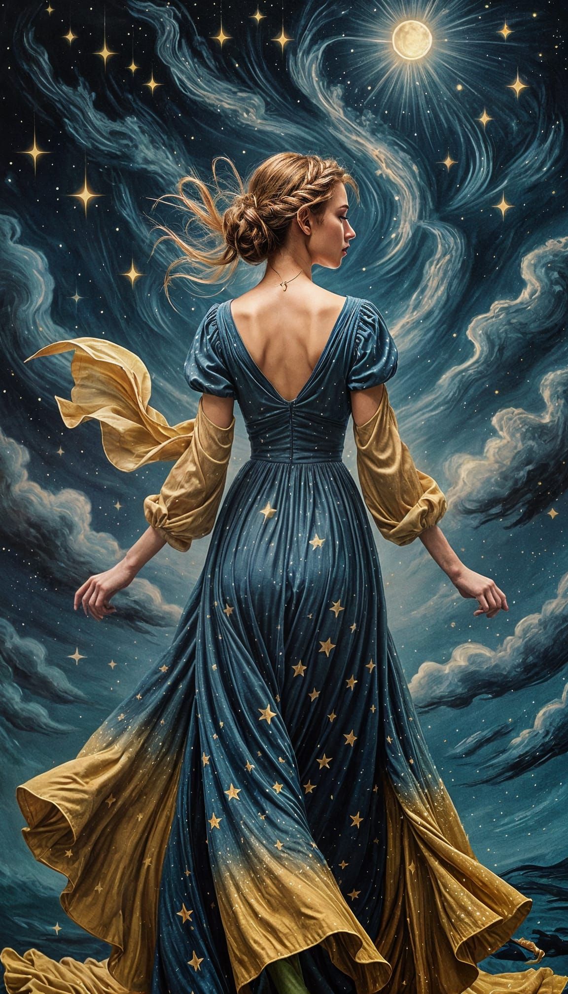 A Woman Reaches for the Stars in a Dreamy, Ethereal Scene