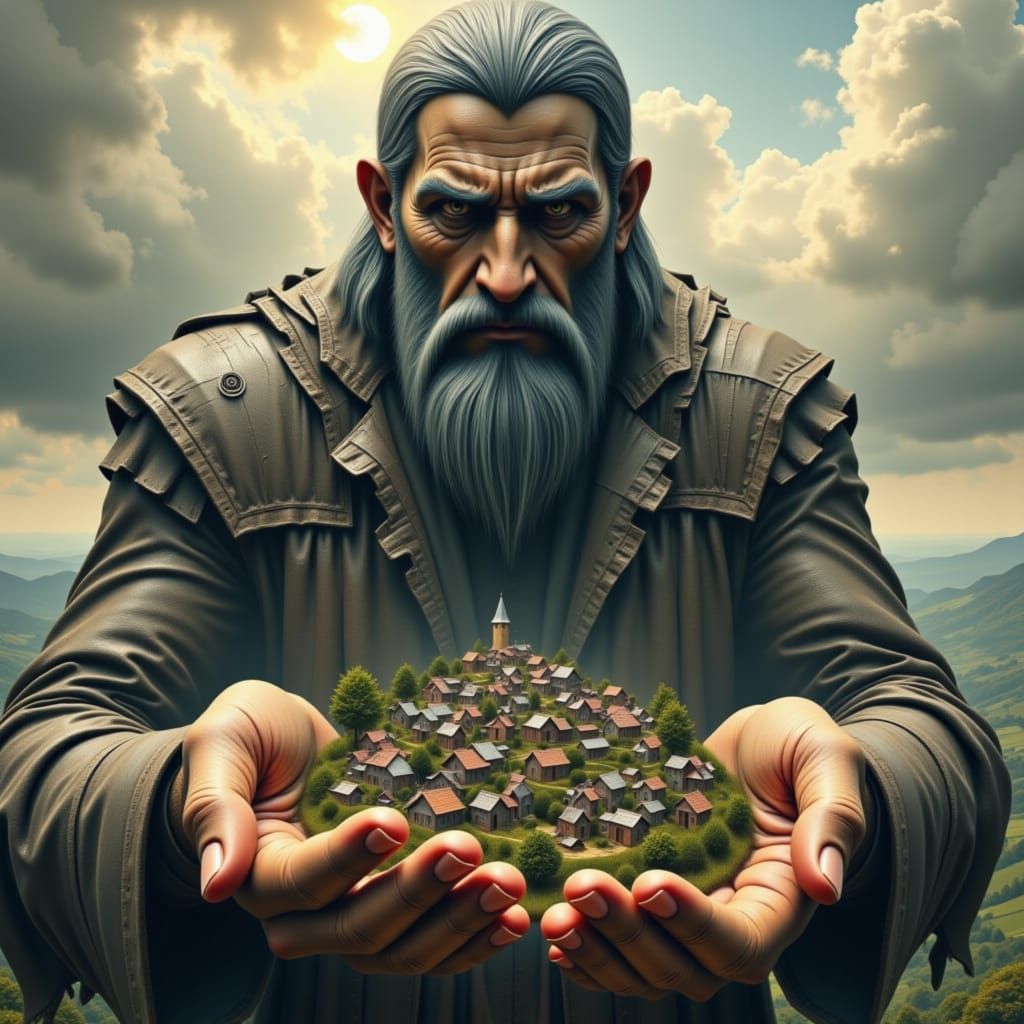 Colossal Giant Over Tiny Village in Ethereal Light