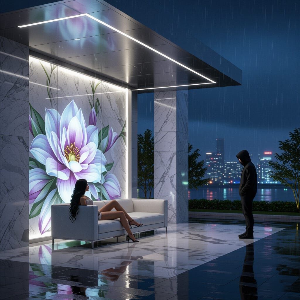Modern Pavilion on Rainy Night in Splash Art Style