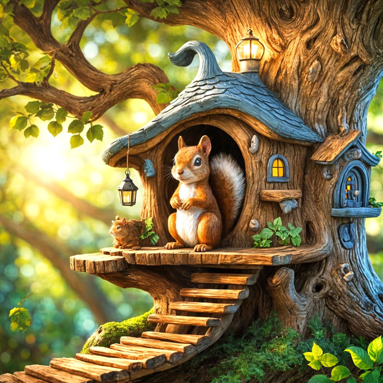 Whimsical Squirrel in Cozy Treehouse, Painterly Style