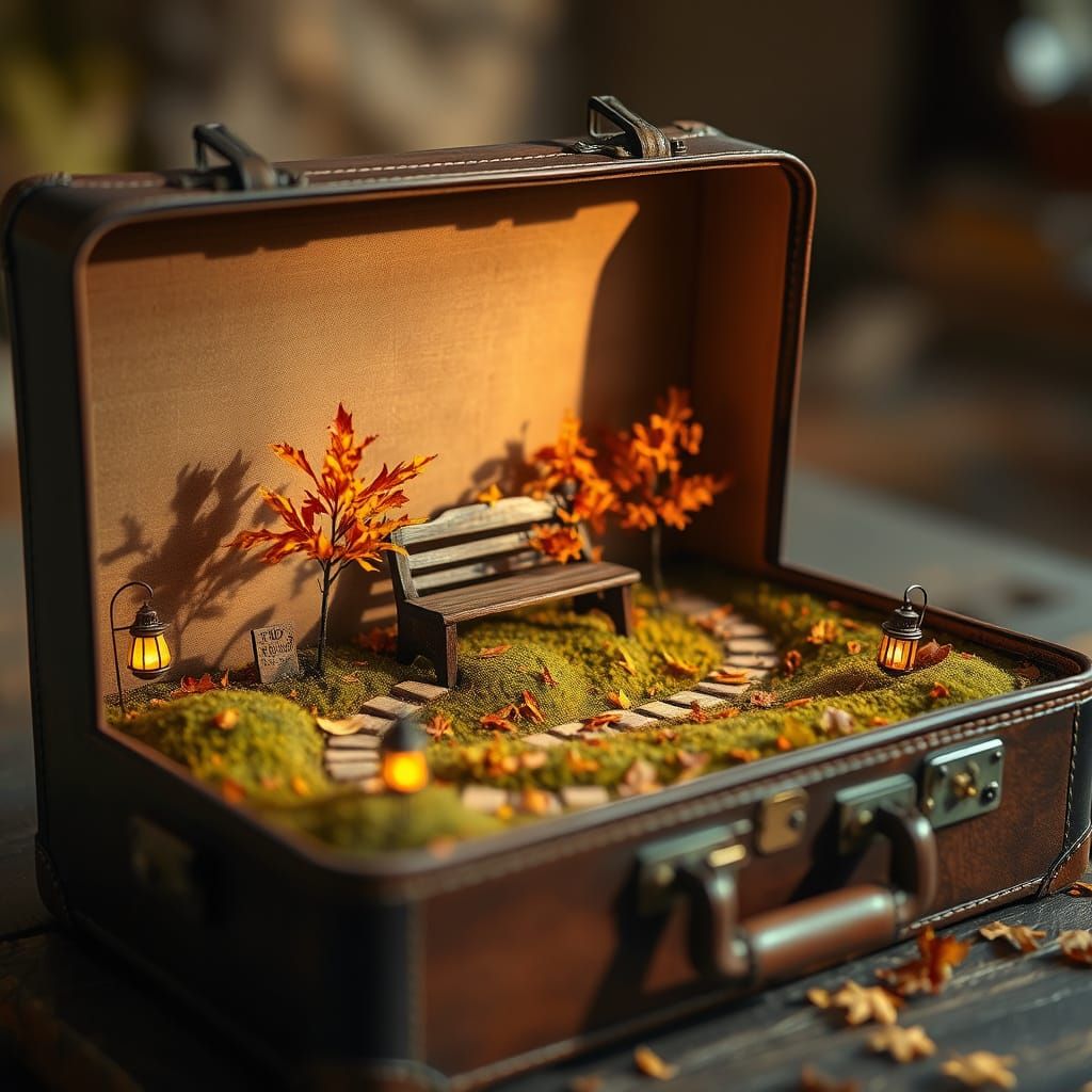 Miniature Autumn Garden Inside Antique Suitcase