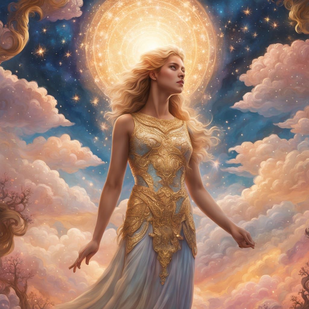 Aphrodite in Celestial Garden: Impressionist Fantasy Art