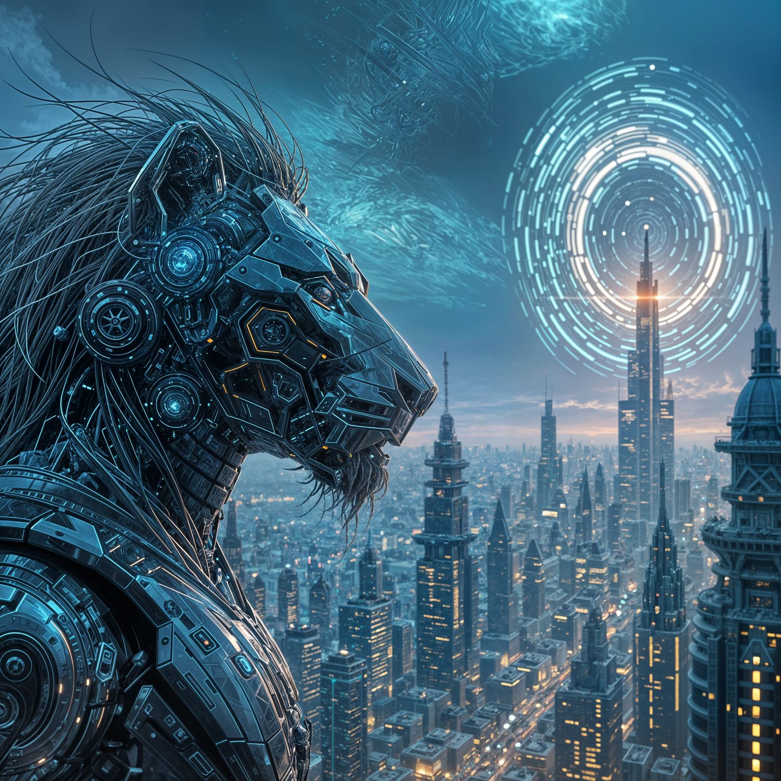 Cyber Chrome Robot Lion Head in Futuristic Cityscape