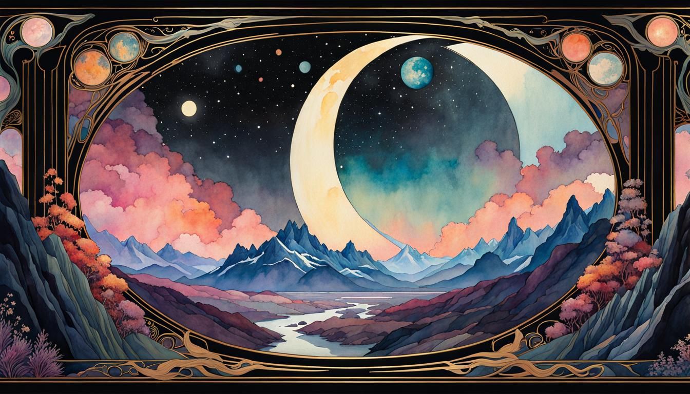 Art Nouveau Cosmic Mountains in Watercolor