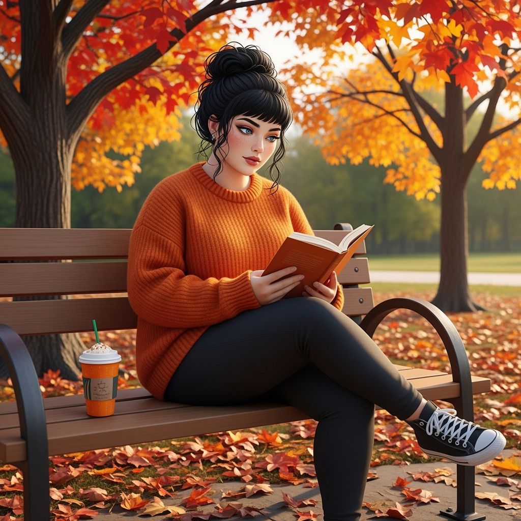 Woman Reading Book on Autumn Park Bench