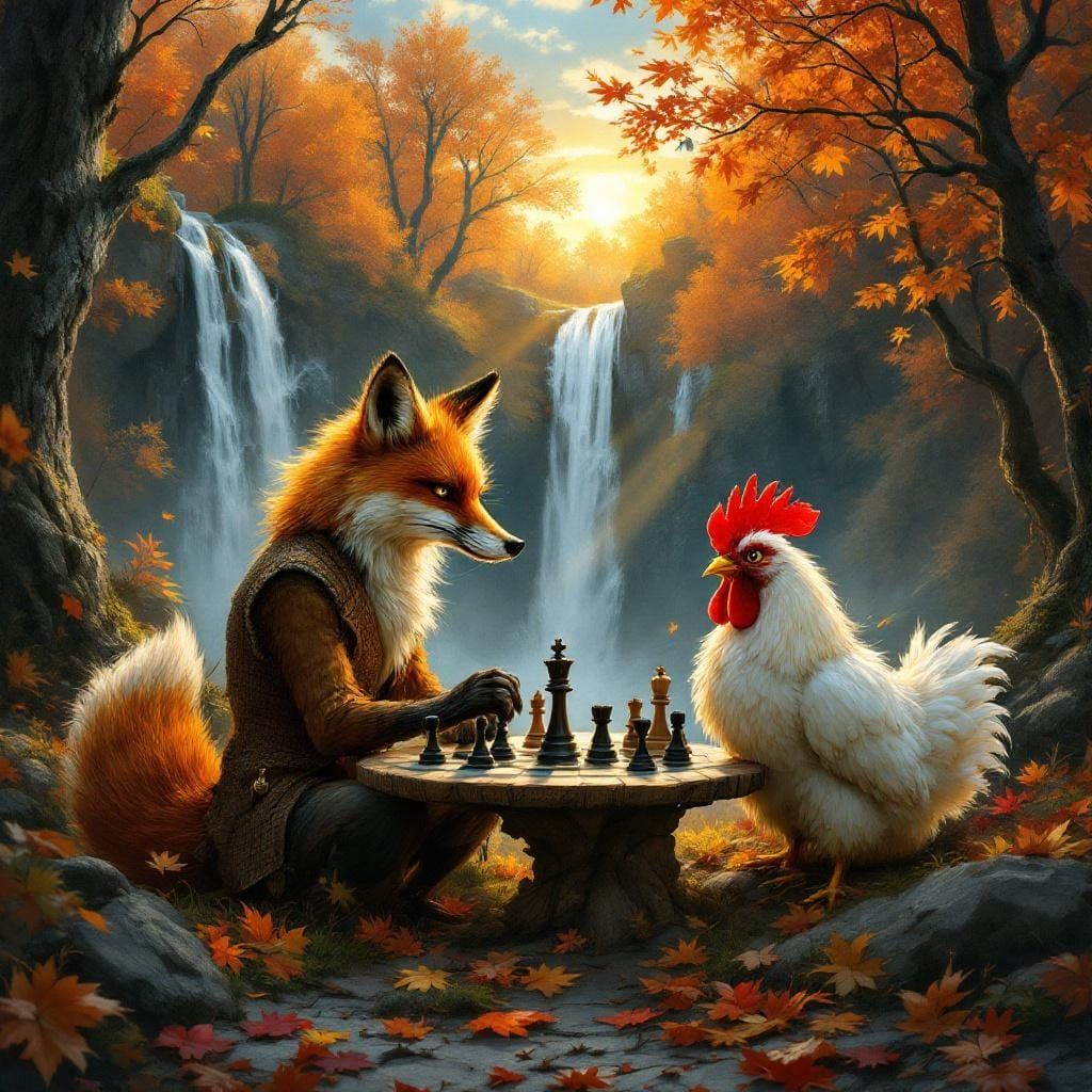 Fox and Chicken Play Chess in Autumn Forest at Sunset