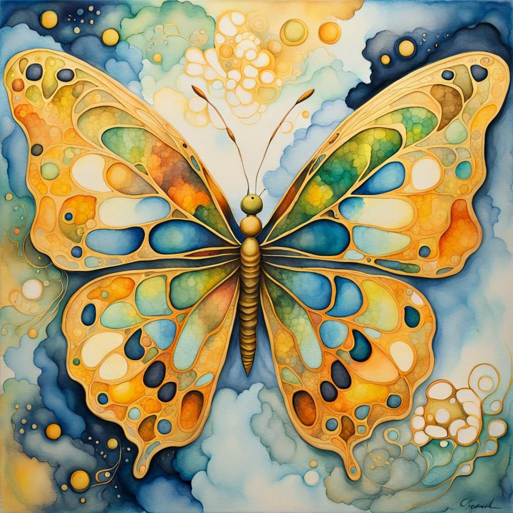 Surreal Butterfly with Fractal Details as Watercolor