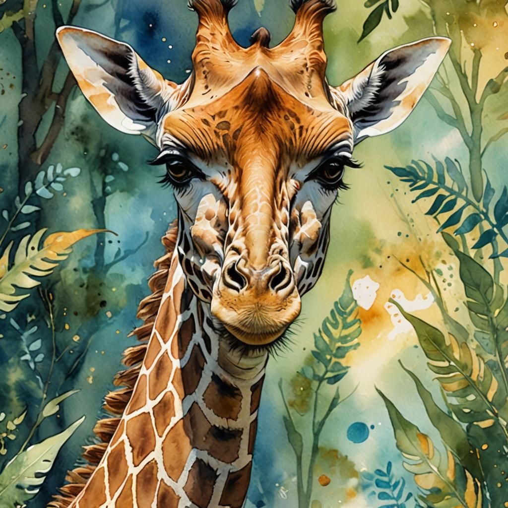 Giraffe with Vibrant Ossicones in Whimsical Forest