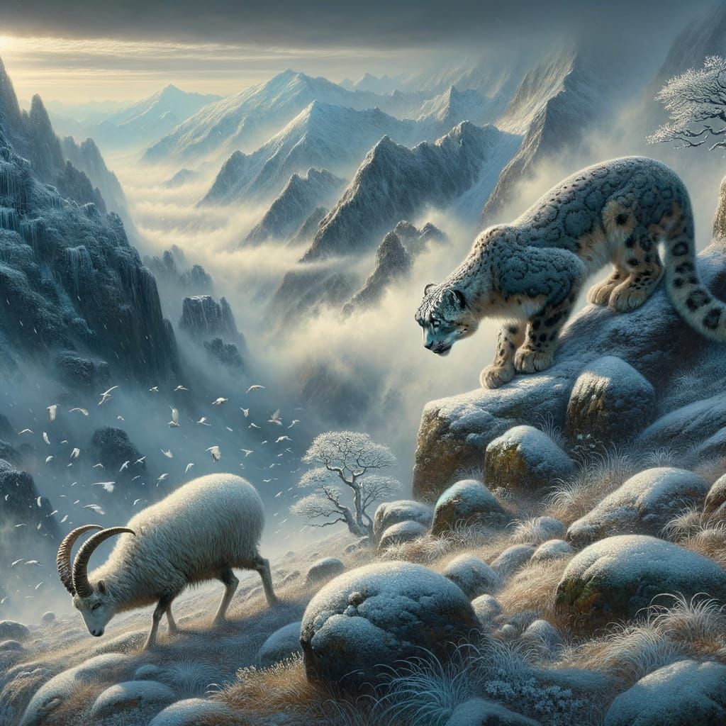 Snow Leopard Hunts Blue Sheep in Misty Mountains