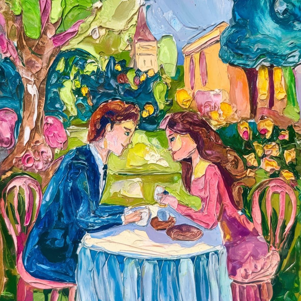 Romantic Gouache Painting of Couple in Lush Garden