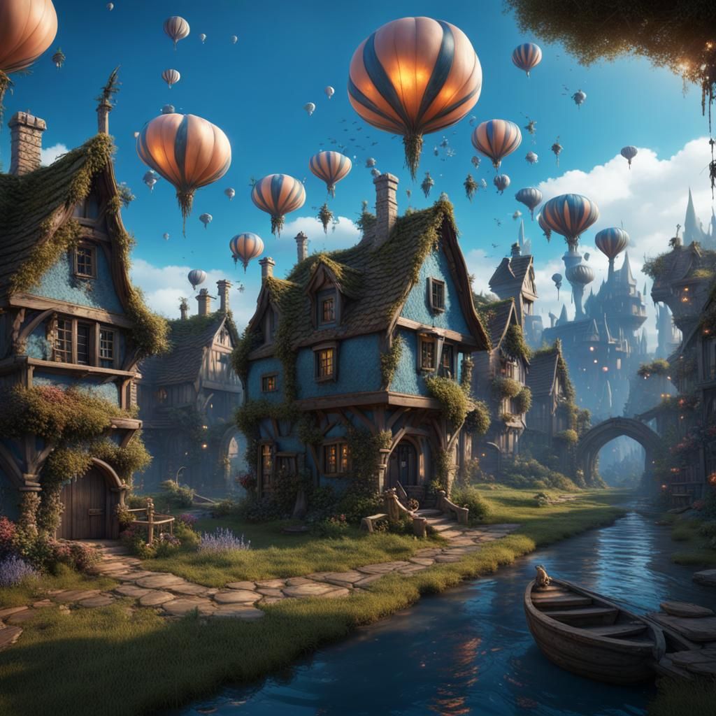 A fantastical very village with blue fairies flying around living, working and playing in it