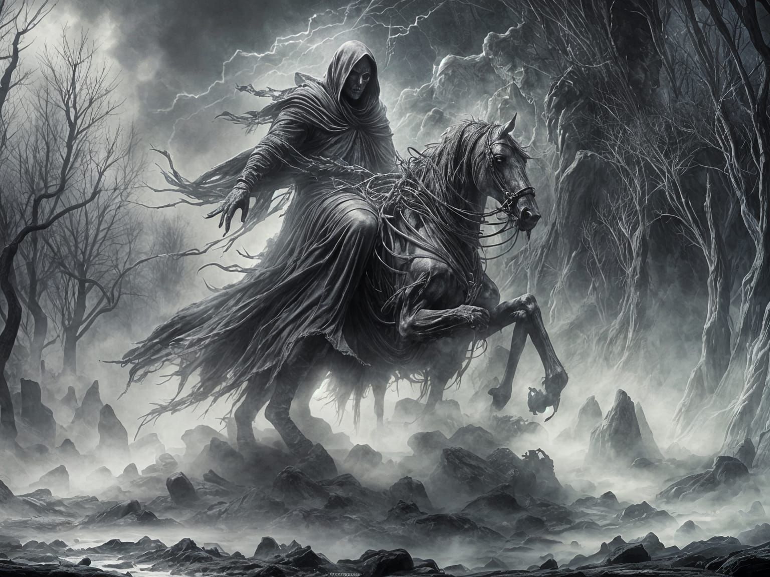 Spectral Ghost Reaper on Horseback in Gothic Twilight