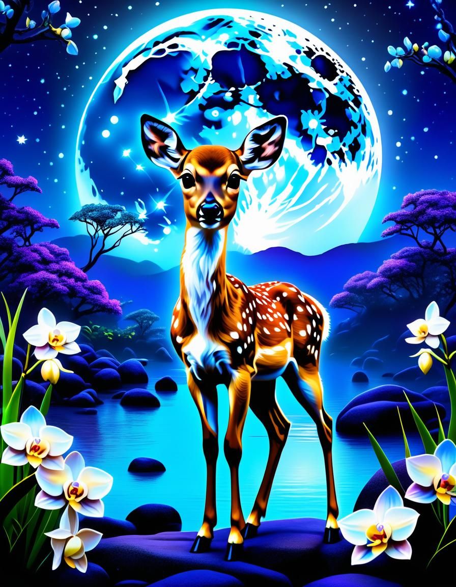 Magical Baby Deer Under Moonlight Sky