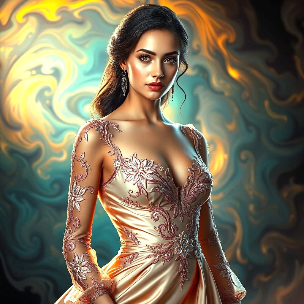 Glamorous Fantasy Goddess in Elegant Satin Gown