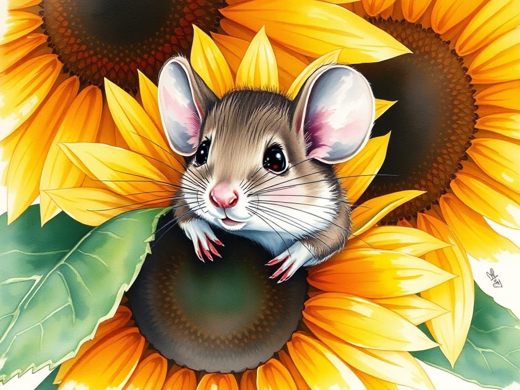Shy Mouse Hiding: Expressive Watercolor Sunflower