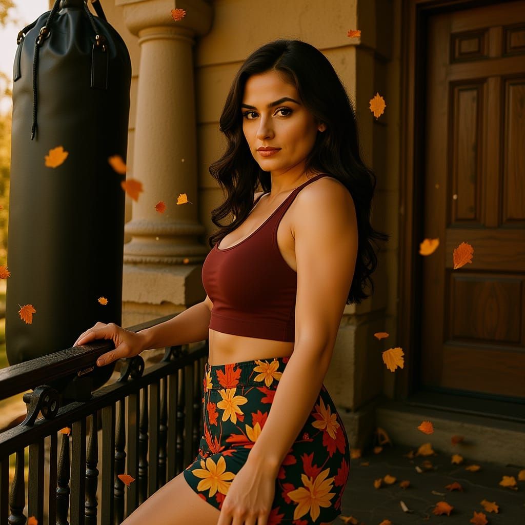 Woman Training on Balcony in Autumn Style
