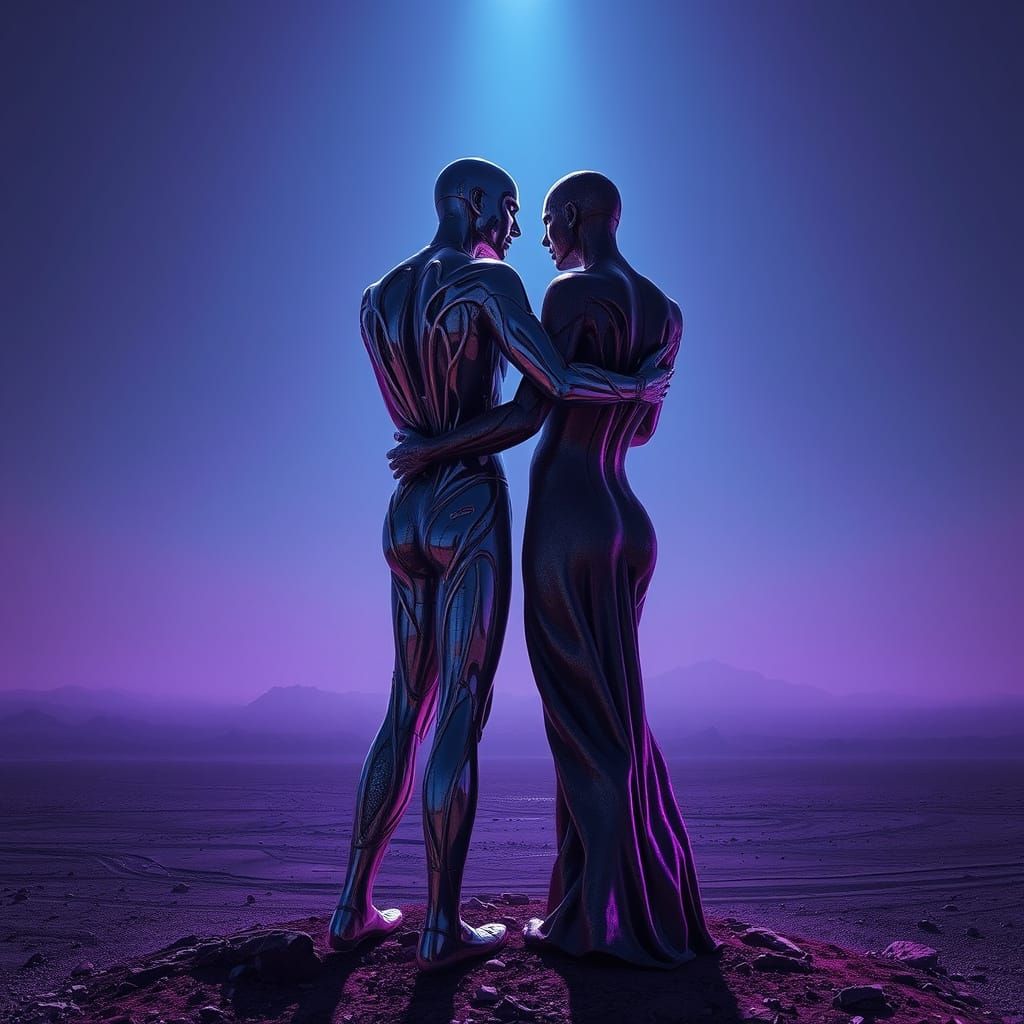 Cyberpunk Embrace: Chrome and Iron Figures Under Stark Light