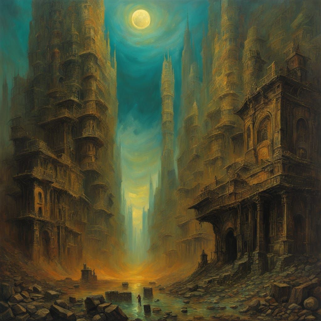 Dystopian Cityscape in Vibrant Impasto Style