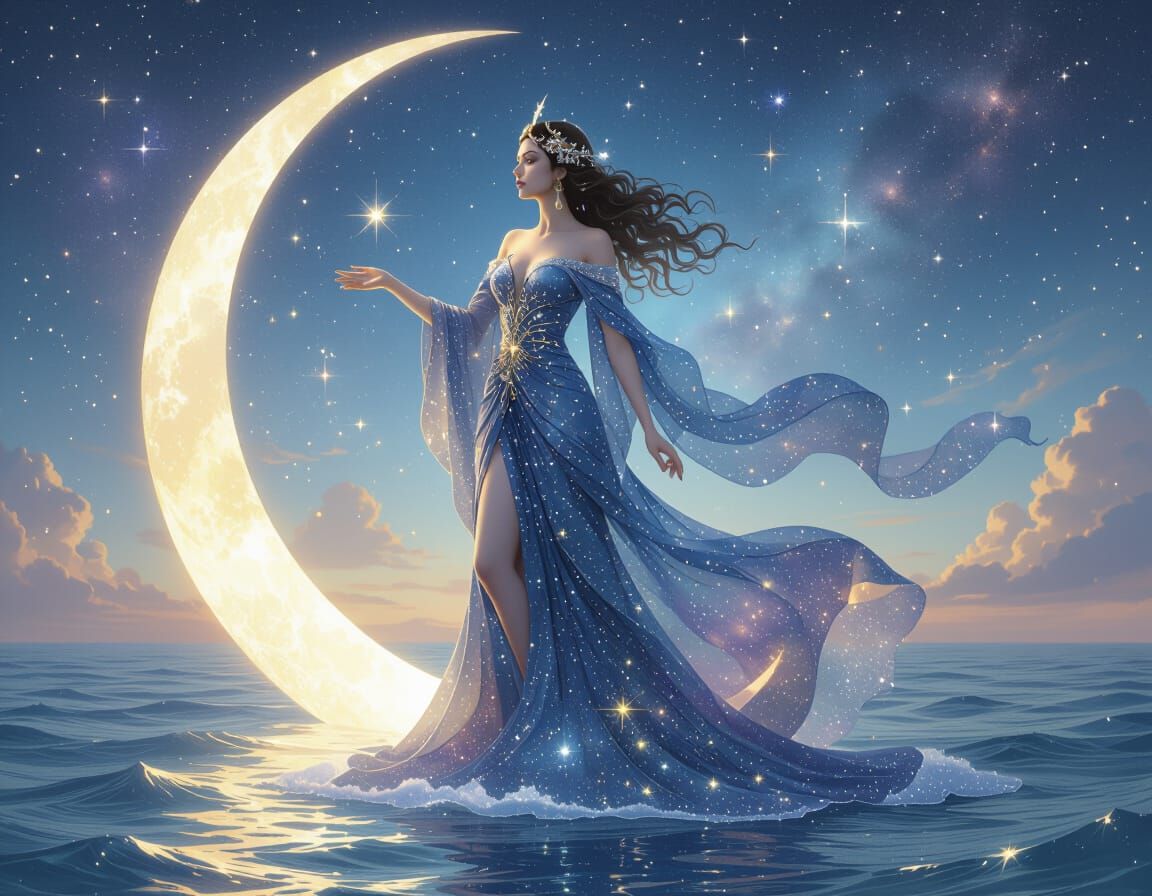 Celestial Goddess on Crescent Moon Over Cosmic Ocean