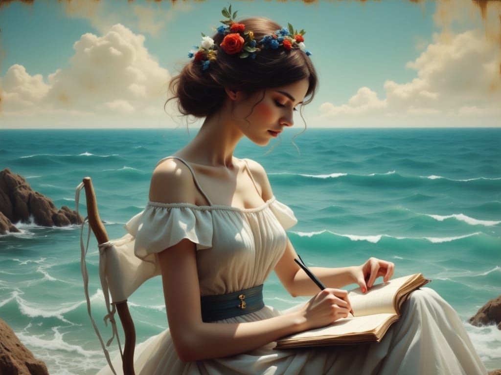 Woman Writing Letter by Sea: Hyper-Realistic Portrait