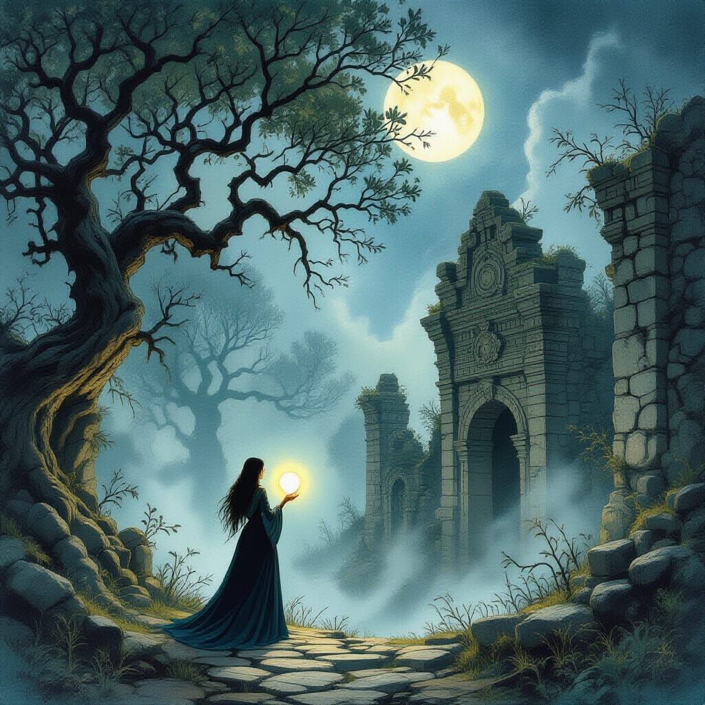 Dark Fantasy Woman With Glowing Orb in Ruin