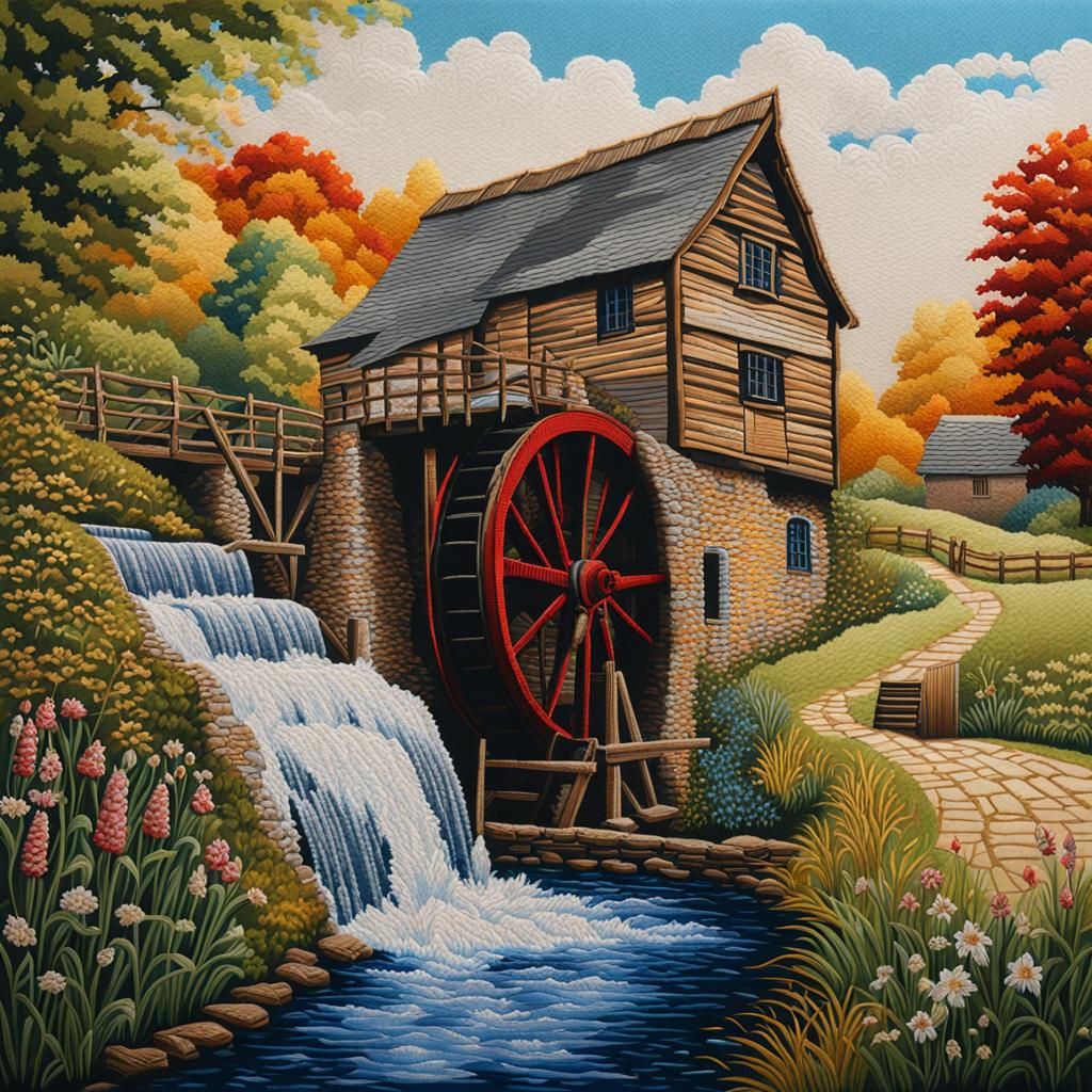Detailed Embroidery of Watermill in English Countryside