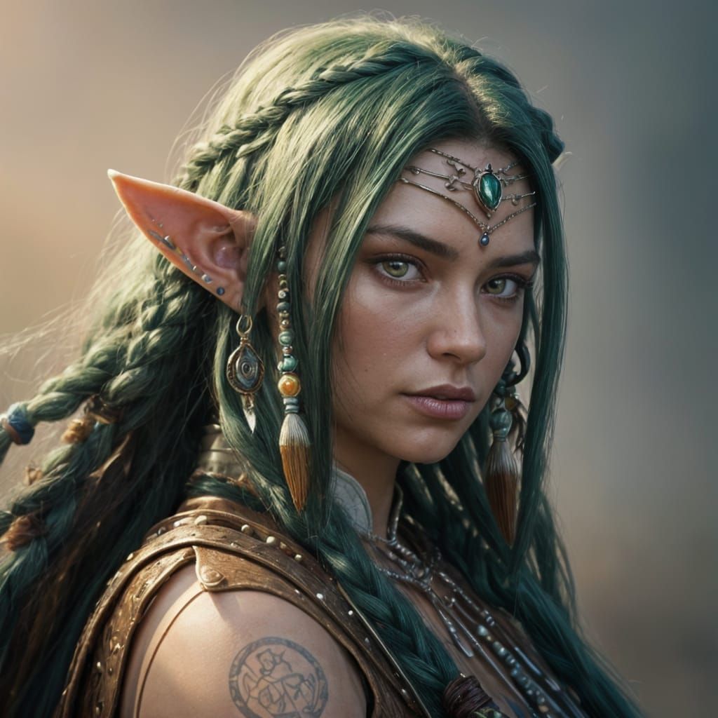 Native American Elf Maiden Portrait in Hyperdetailed Style
