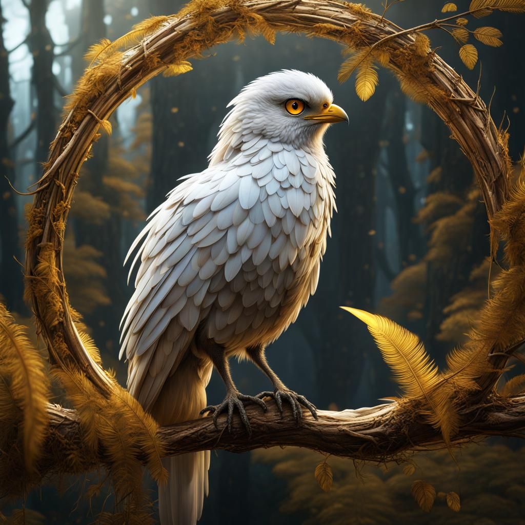 Golden Owl Observes Forest: Detailed Matte Painting