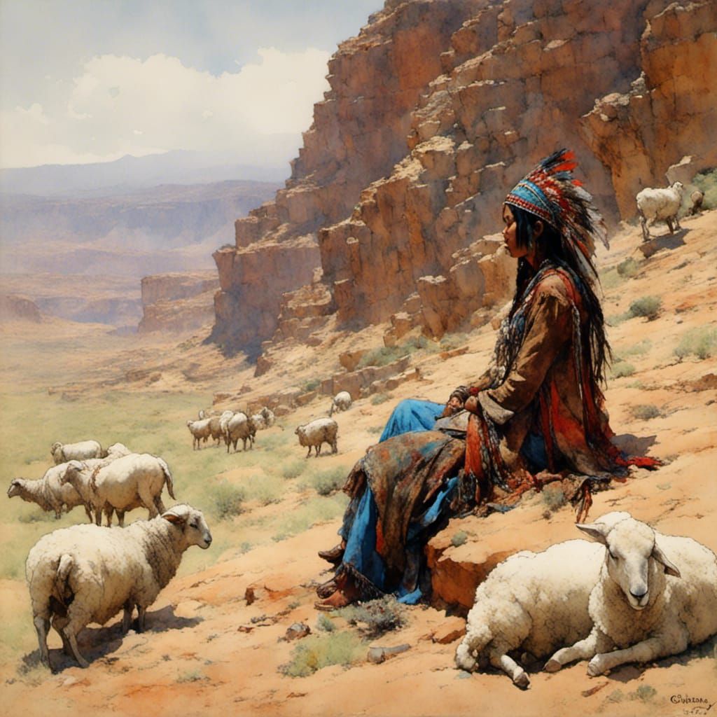 Native American Woman with Sheep: Gurney-Style Oil Painting
