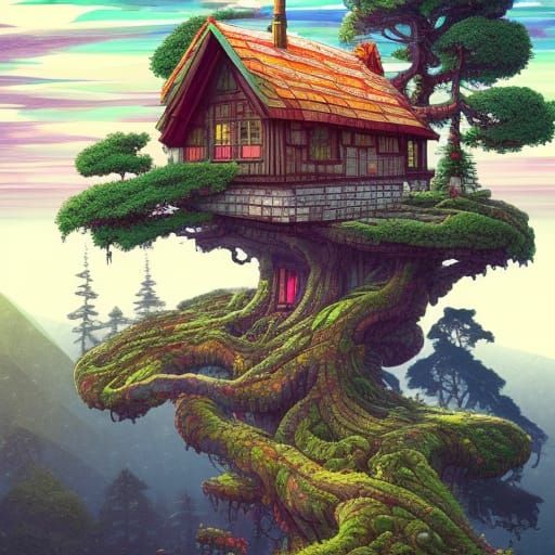 Epic Mountain Cottage Illustration in Vibrant Colors