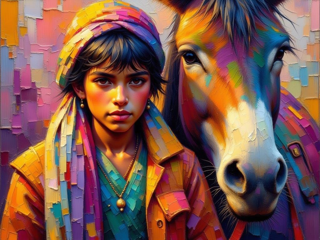 Vivid Portrait of Boy and Donkey in Impasto Style