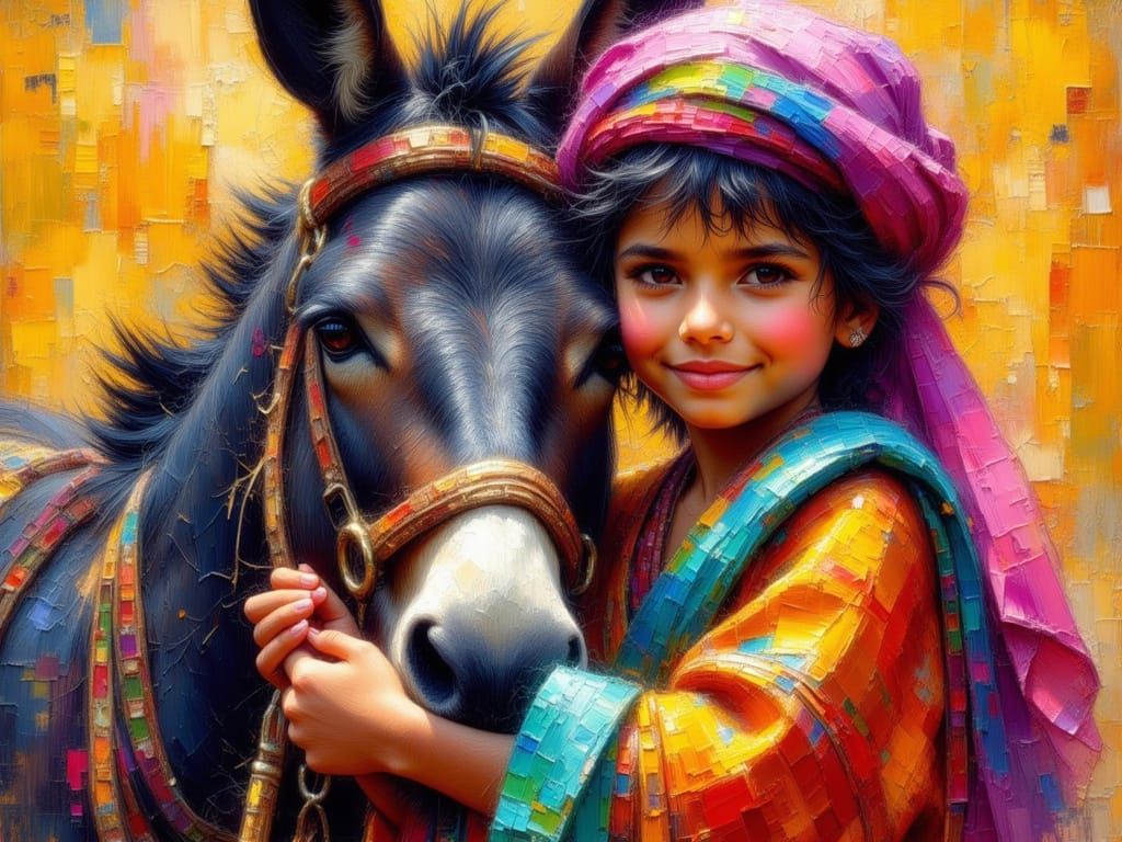 Vivid Portrait of Arab Boy Hugging Donkey in Multicolored St...