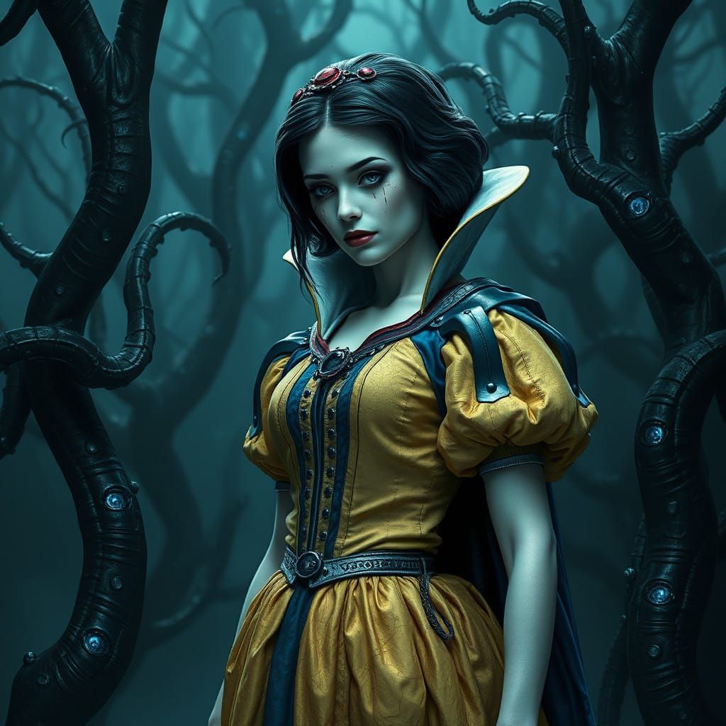 Ethereal Snow White in Biomechanical Cyberpunk Style