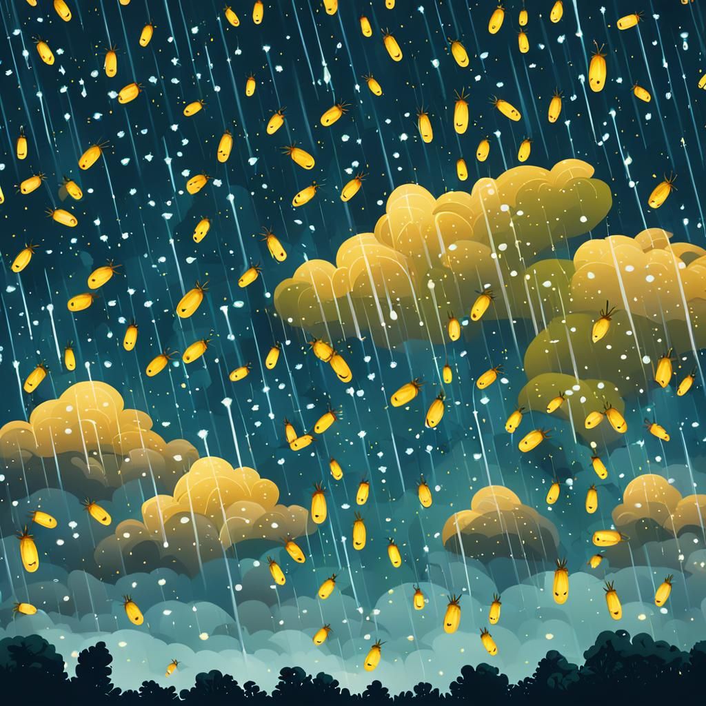 A swarm of fireflies raining down from a raincloud.