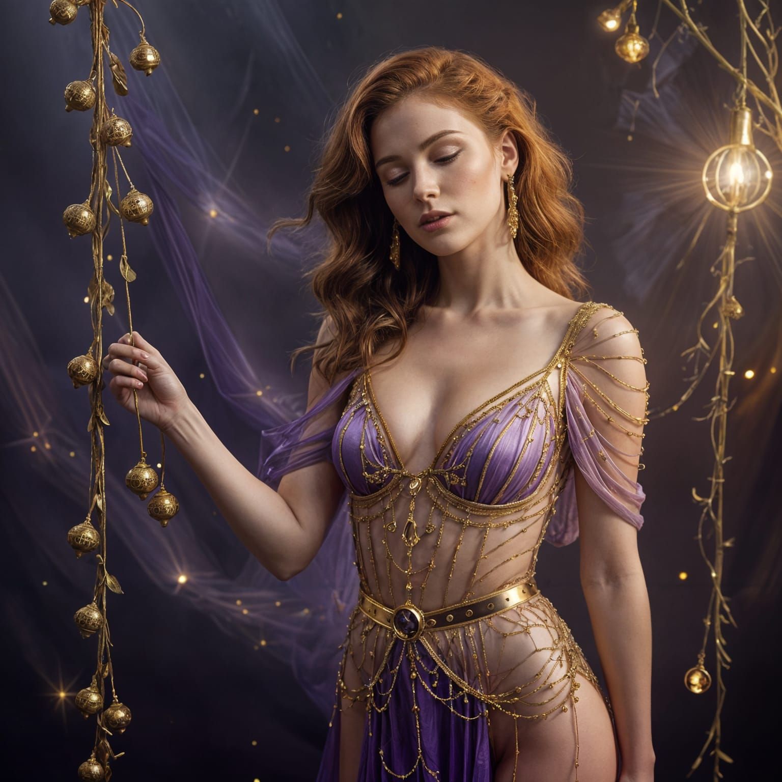 Auburn-Haired Nude Muse with Gold and Amethyst Face Paint