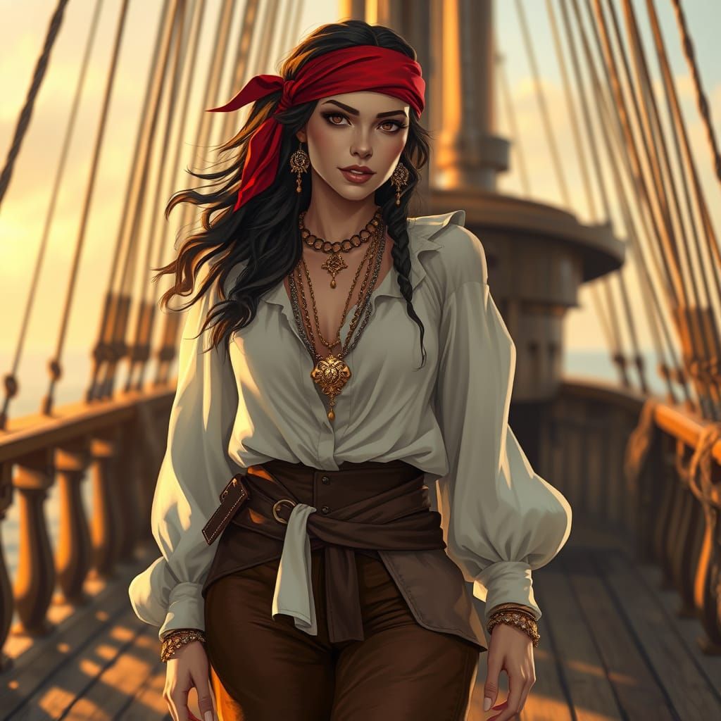 Female Pirate on Ship Deck in Painterly Style