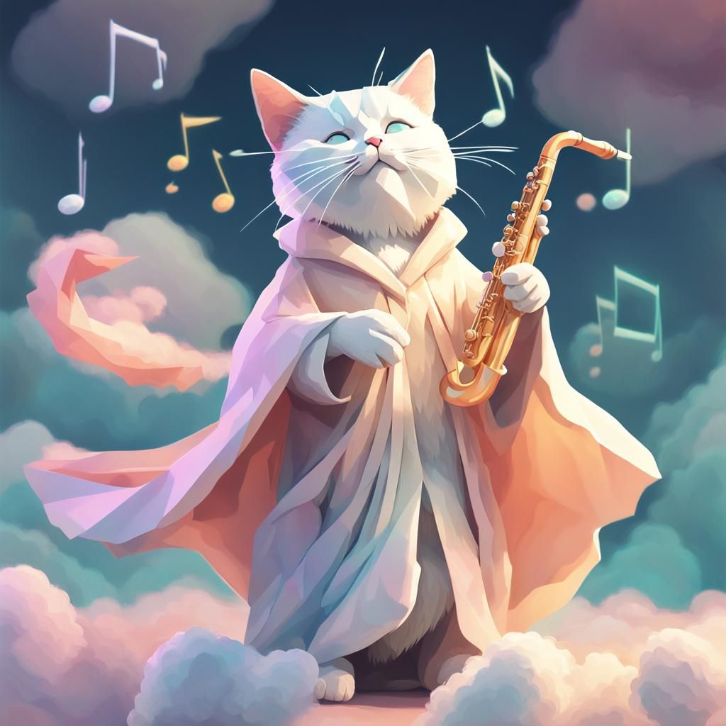 Cat on Cloud Plays Flute in Low-Poly Art