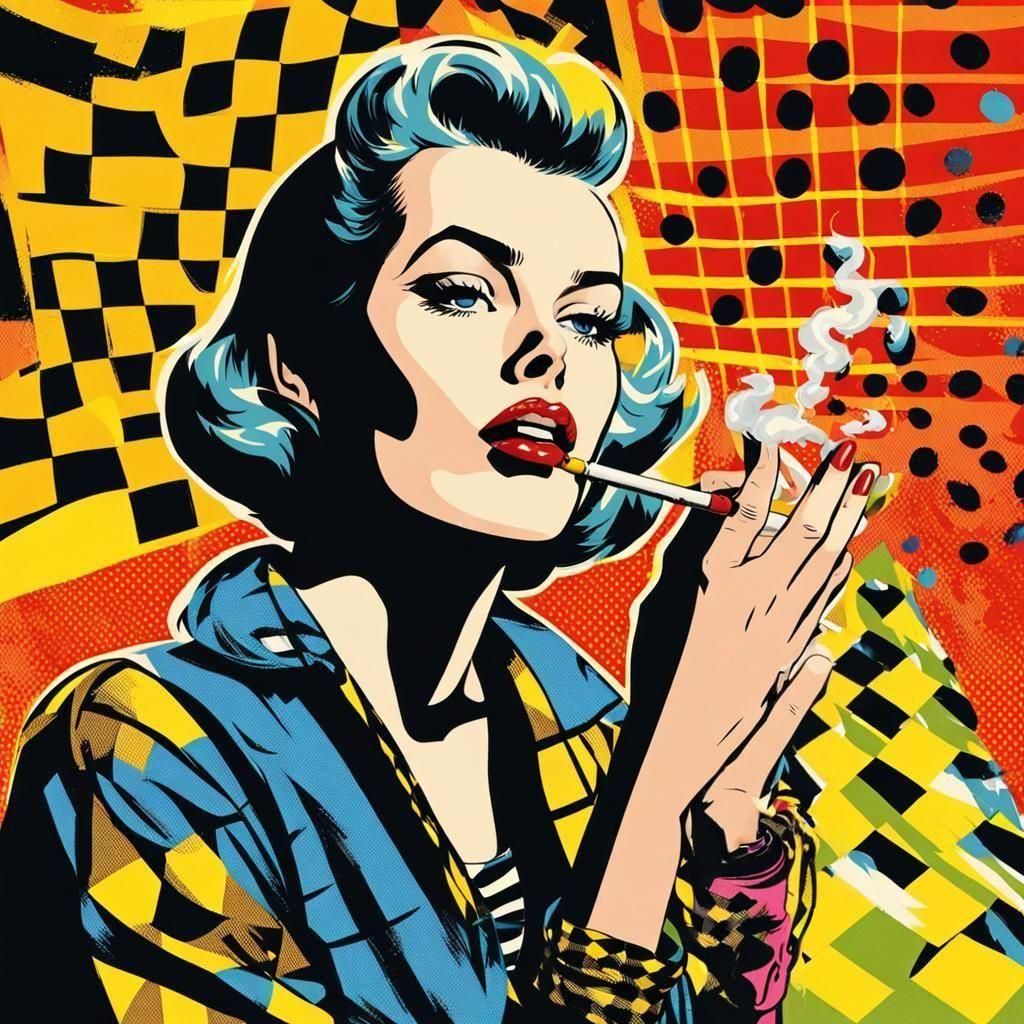 Punk Girl Smoking: 1950s Pop Art in Bold Colors