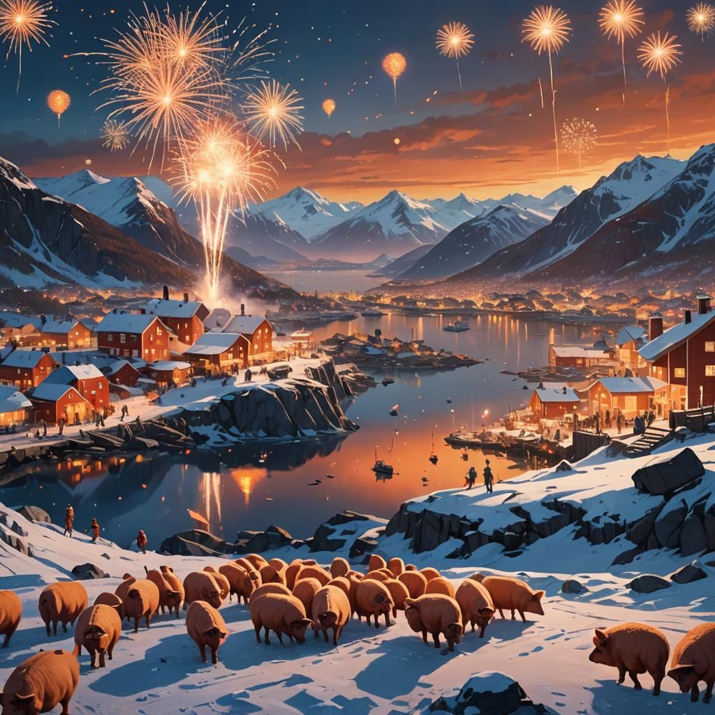 Pigs and Lambs Celebrate New Year's Eve: Digital Art