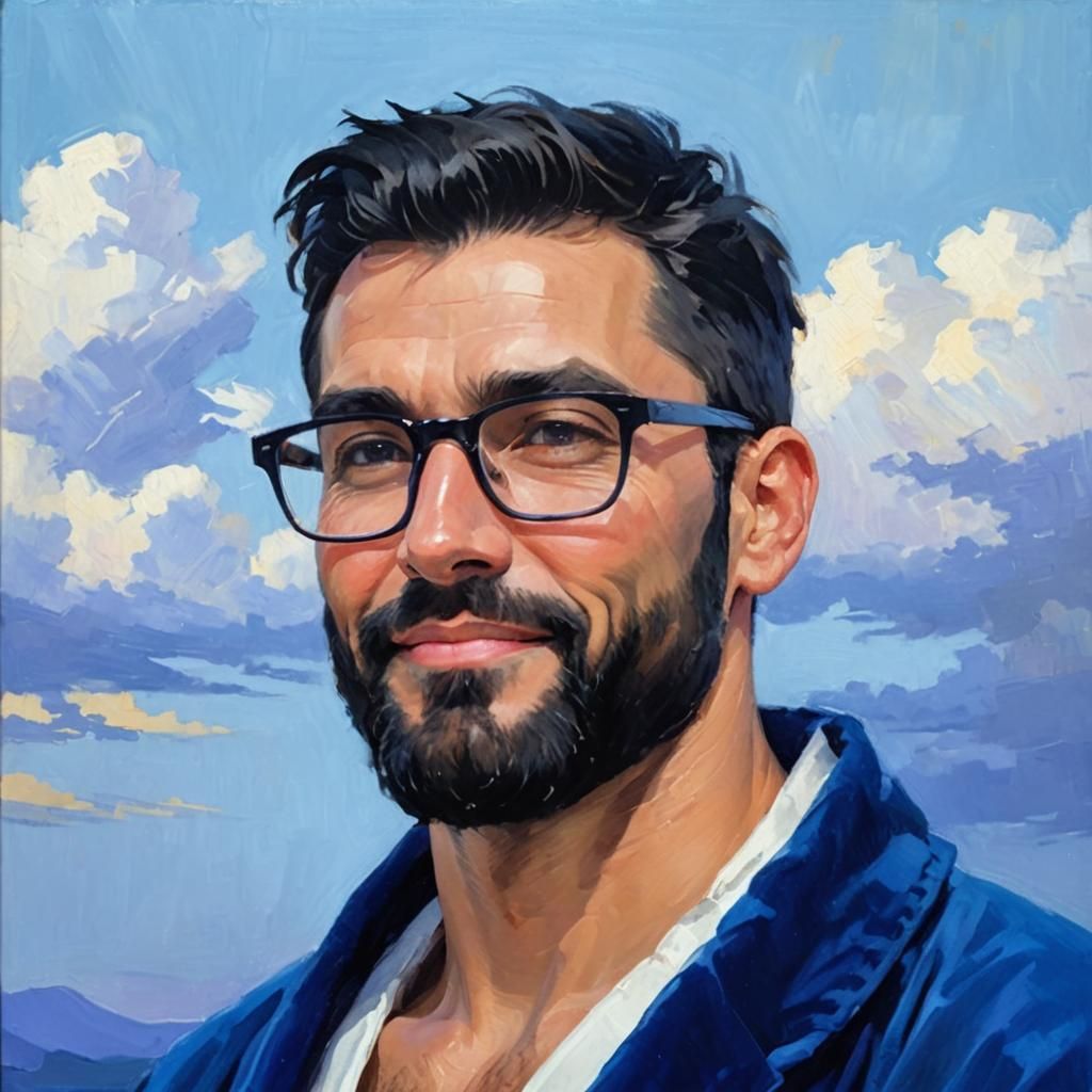 Impressionist Man in Blue Robe with Landscape