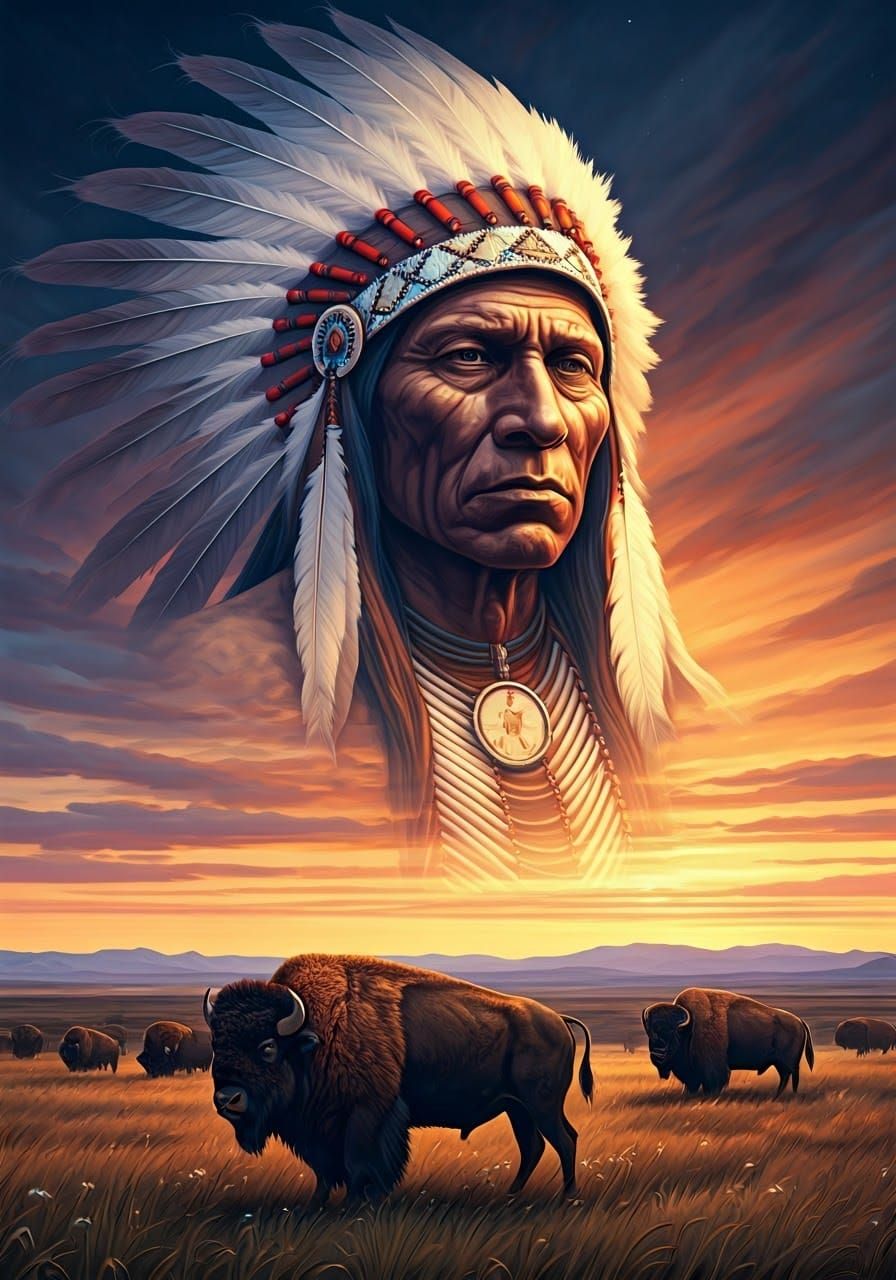 High Plains Dusk: Buffalo and Native American Spirit