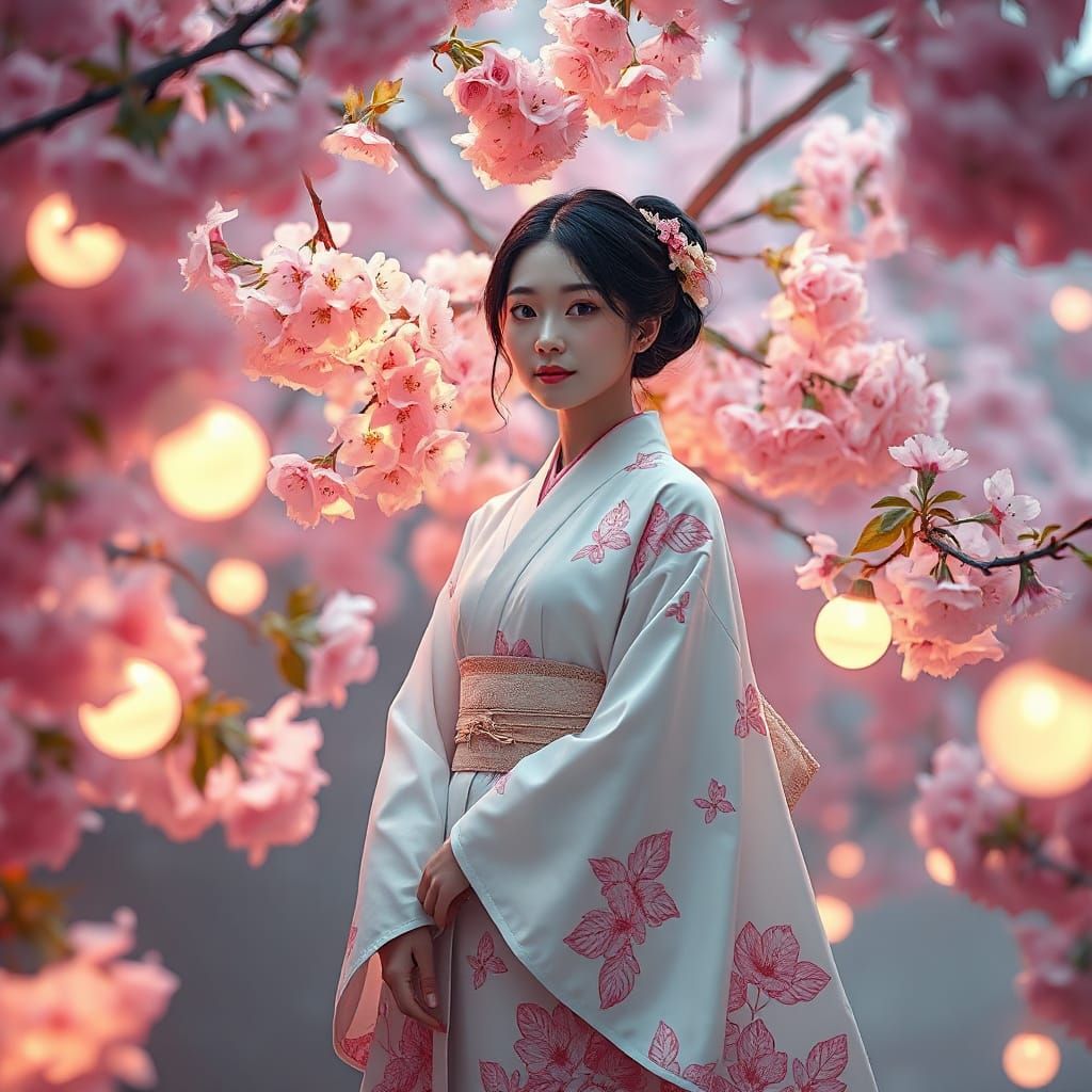 Glowing Cherry Blossom Bush in Dreamy Pastel Hues