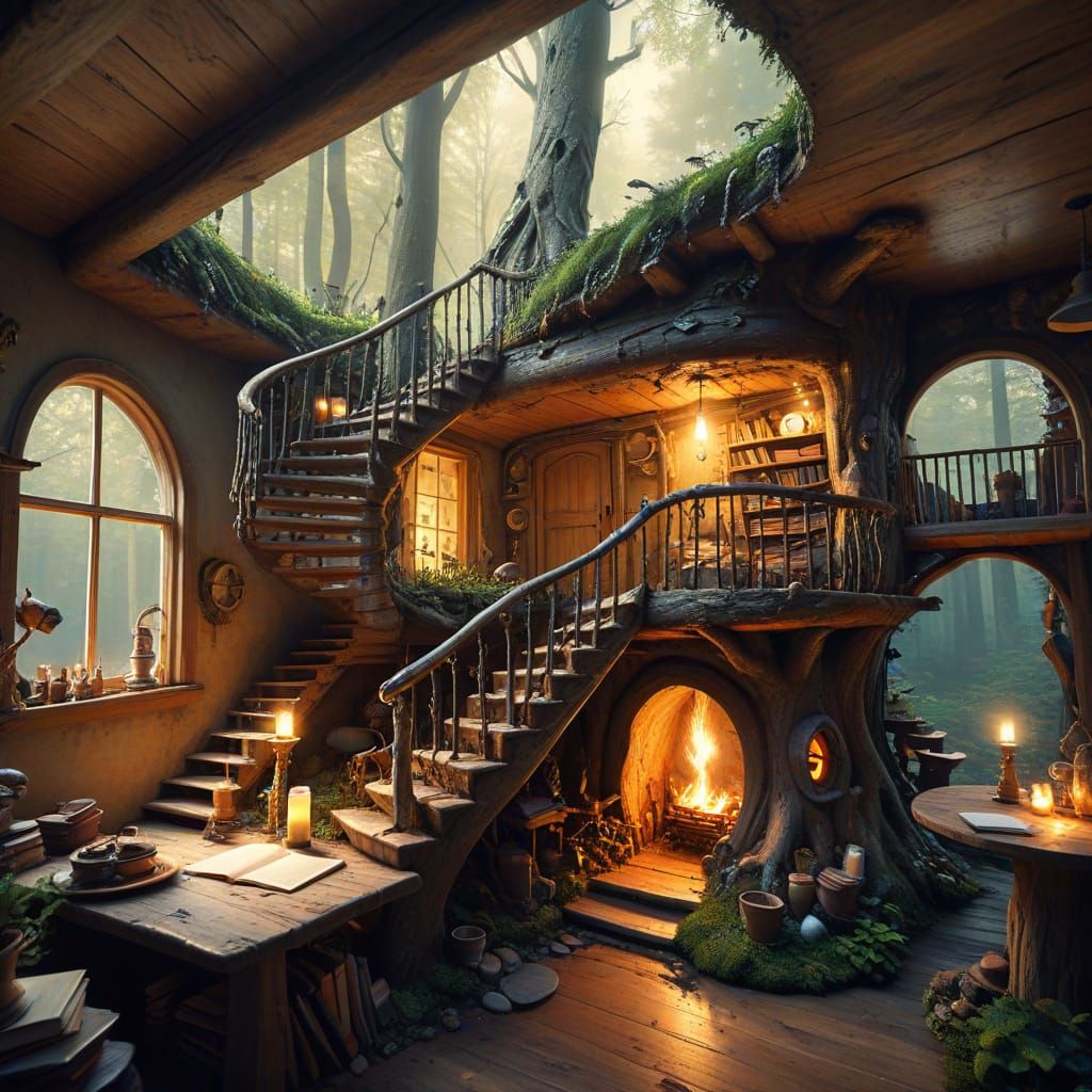 Fairy Tale Creatures in a Surreal Pencil Log Home