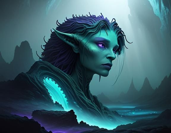 Sci-Fi Amphibioid in Bioluminescent Cave: Concept Art