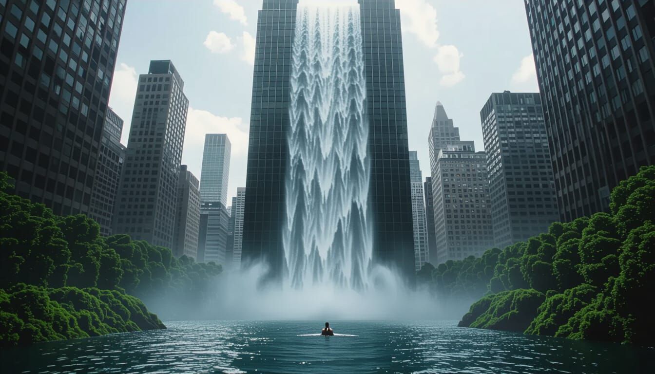 Epic Waterfall Cascades Down Skyscraper in Metropolis