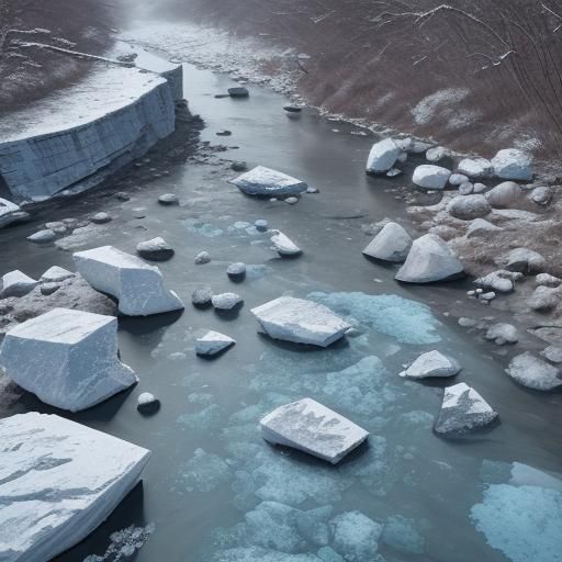 Rocks on a Frozen River in Winter